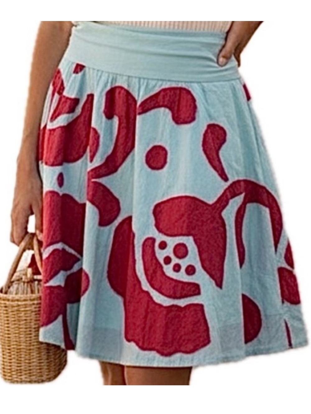 Odille by Anthropologie Blue Skirt with Red Poppy Floral Patches Skirt XS